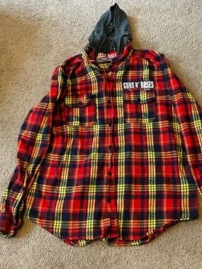 Guns N' Roses Red Yellow Plaid Flannel Hoodie Appetite for Destruction Sz M